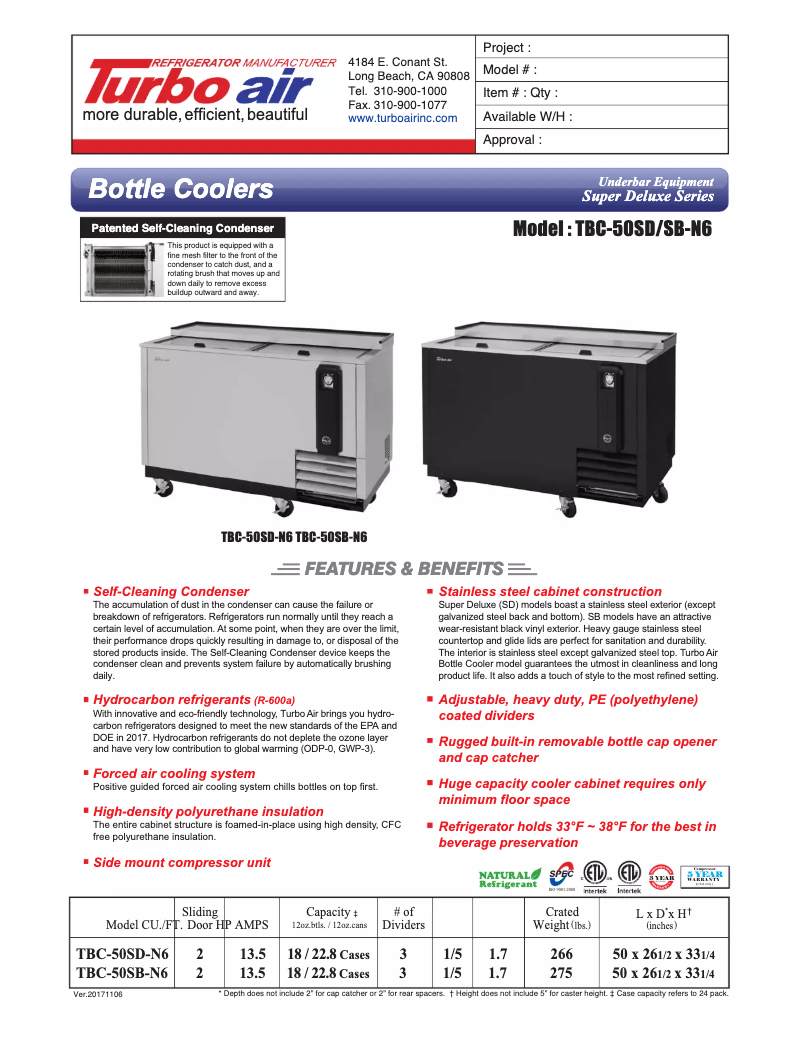 Página 1 del manual Ficha técnica Turbo air TBC-50SD