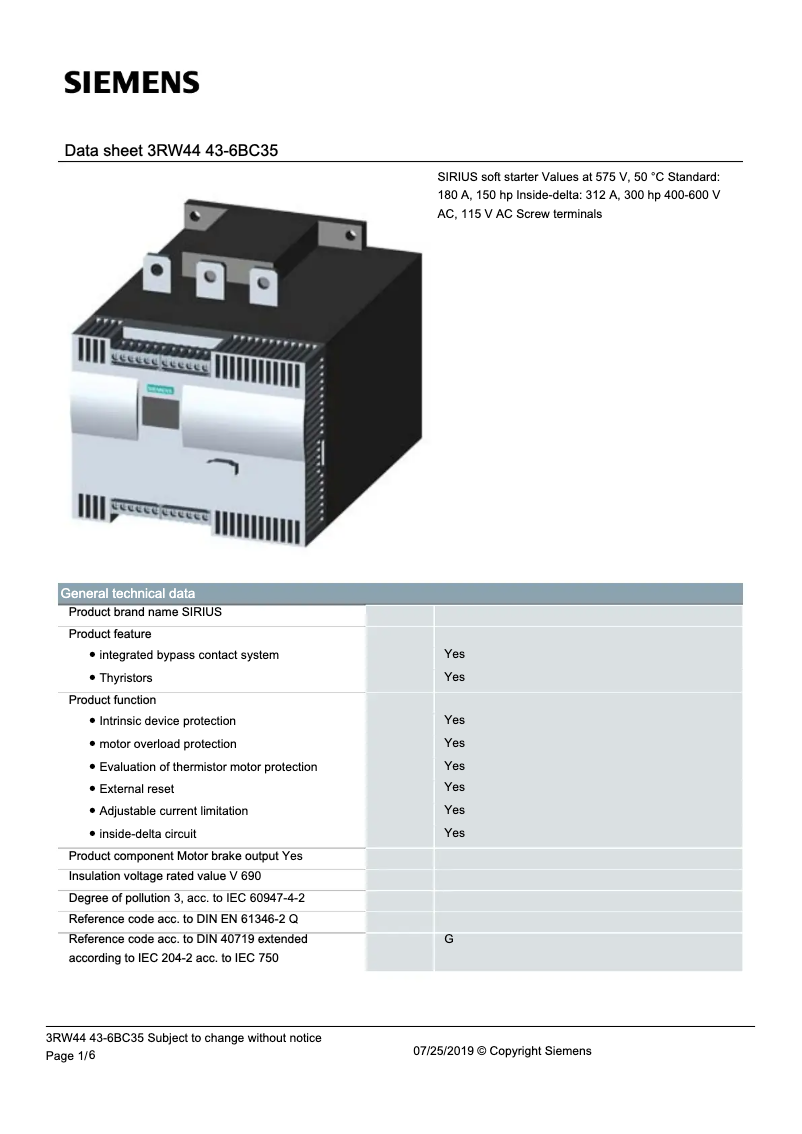 Imagen de la primera página del manual del dispositivo 3RW4443-6BC35