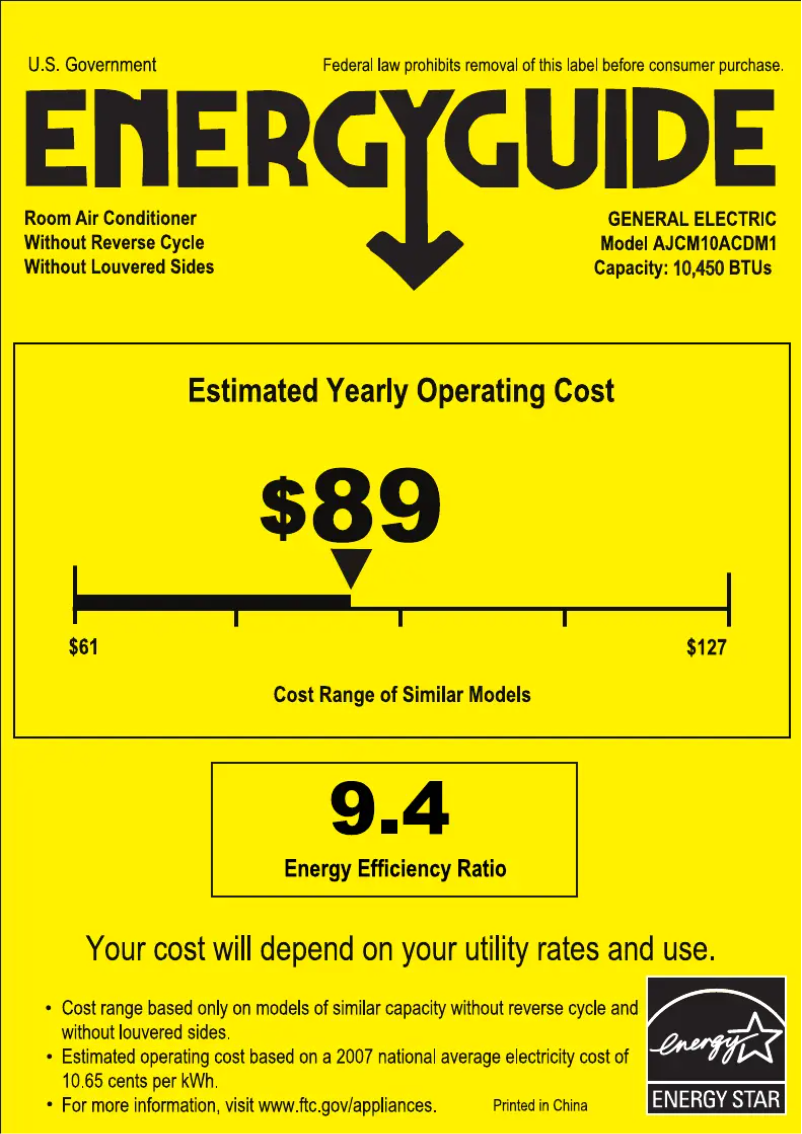 Página 1 del manual Etiqueta energética GE AJCQ10ACD