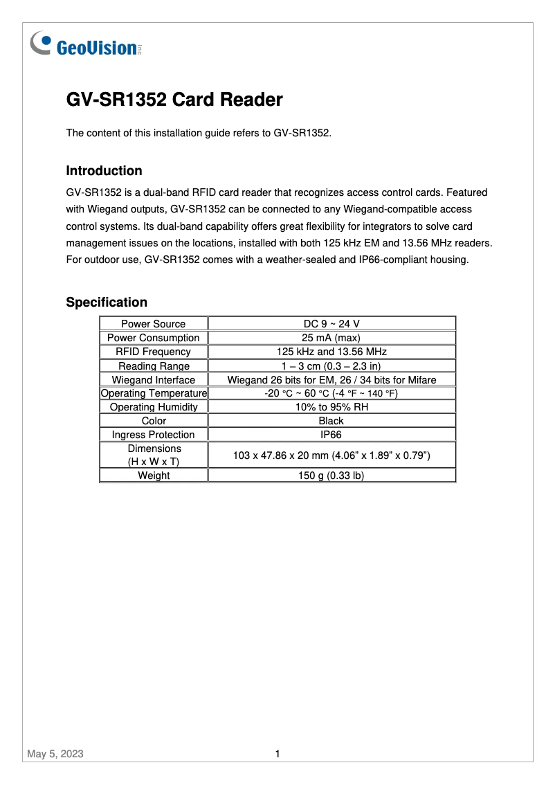 Imagen de la primera página del manual del dispositivo GV-SR1352