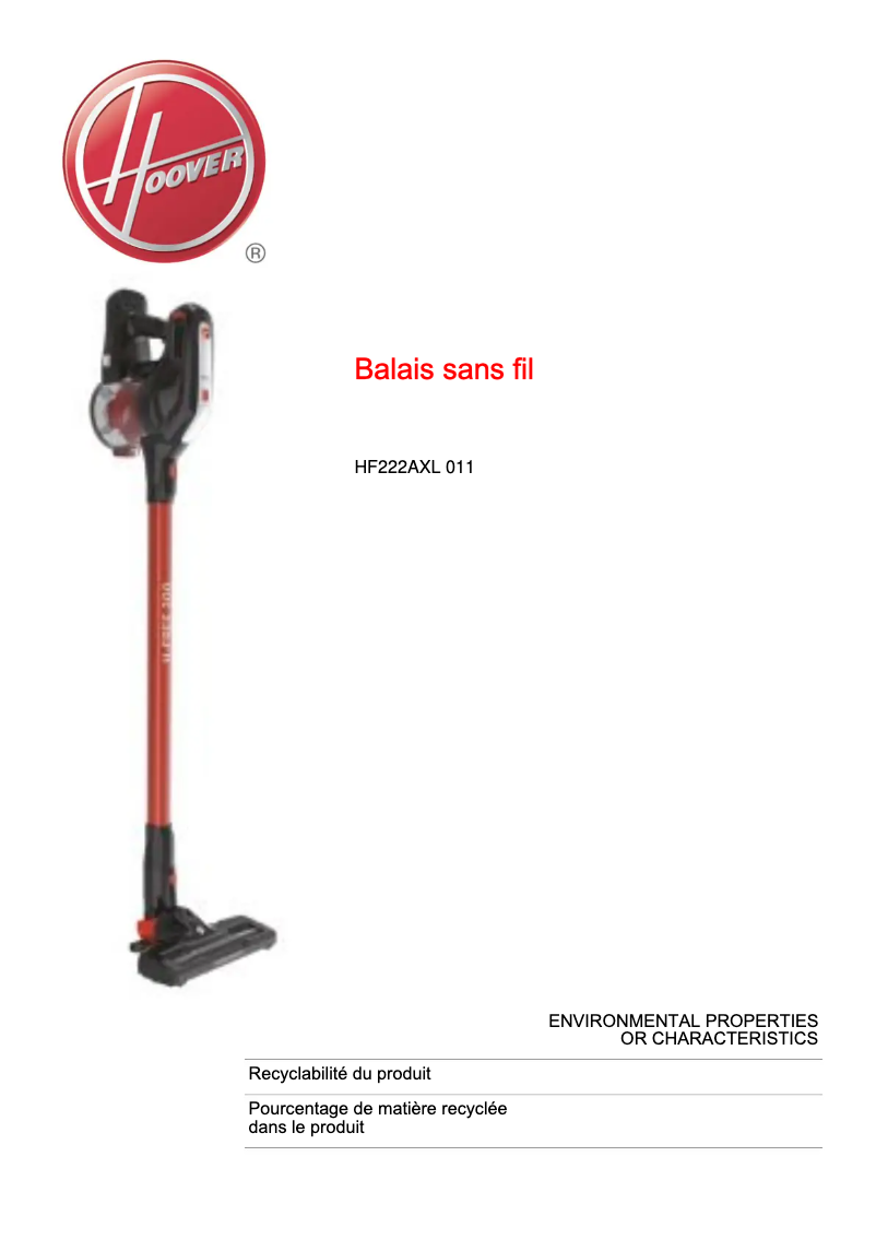 Página 1 del manual Ficha técnica Hoover H-FREE 200 HF222AXL 011