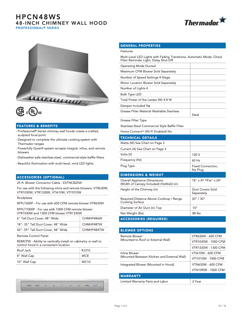Página 1 del manual Ficha técnica Thermador HPCN48WS