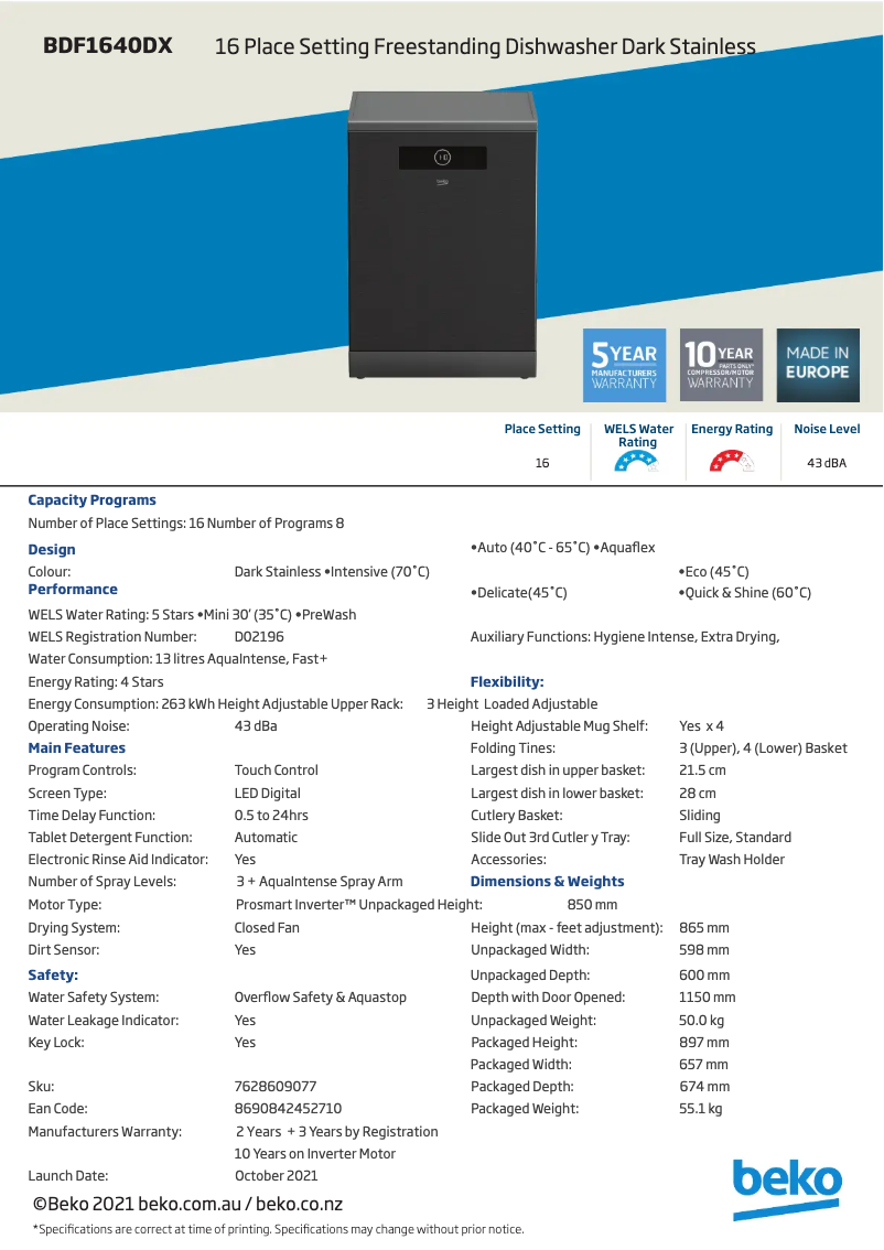 Página 1 del manual Ficha técnica Beko BDF1640DX