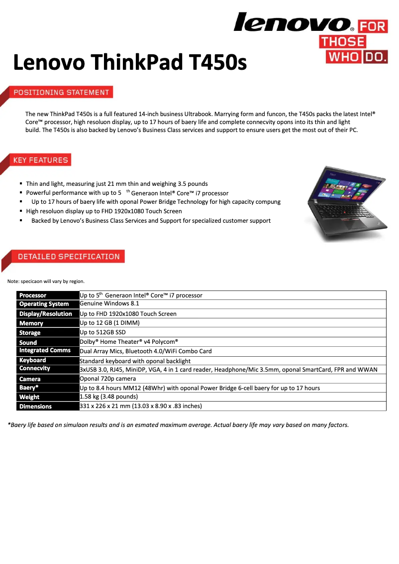 Imagen de la primera página del manual del dispositivo ThinkPad T450s