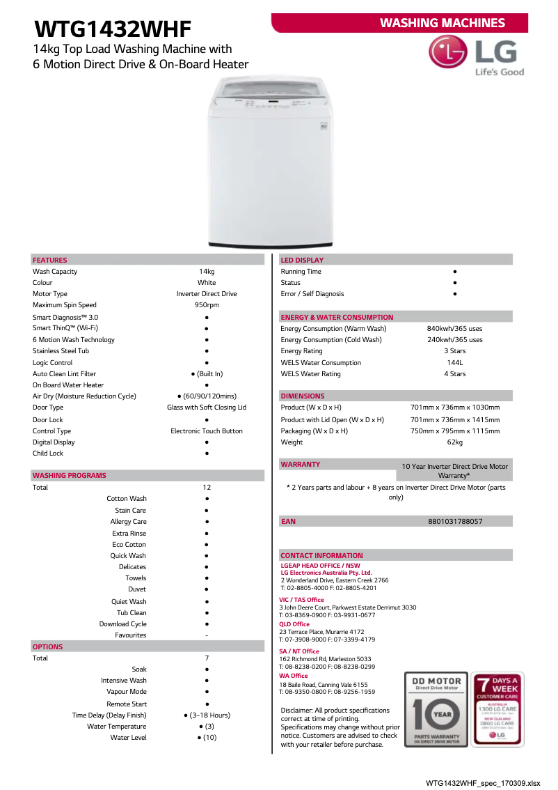 Página 1 del manual Ficha técnica LG WTG1432WHF
