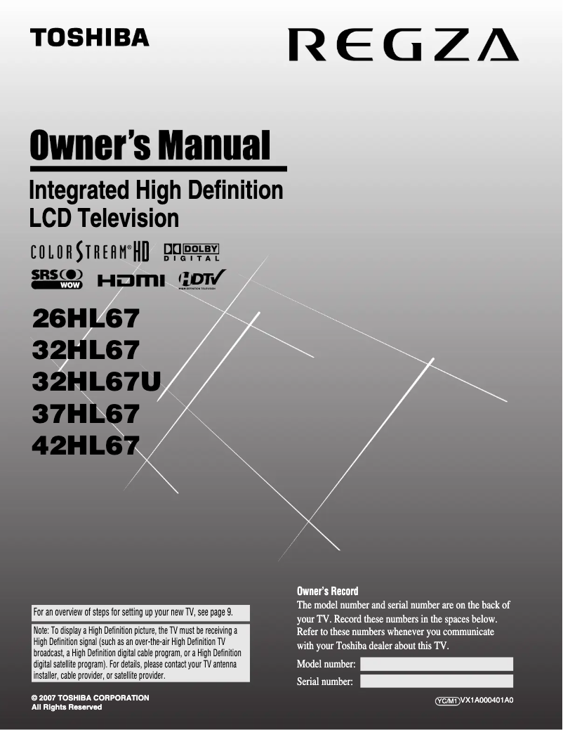 Imagen de la primera página del manual del dispositivo Regza 32HL67