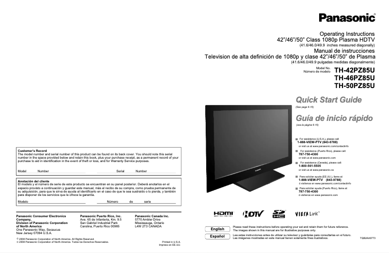 Página 1 del manual Manual de usuario Panasonic Viera TH-42PZ85