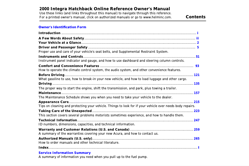 Imagen de la primera página del manual del dispositivo Integra Hatchback (2000)
