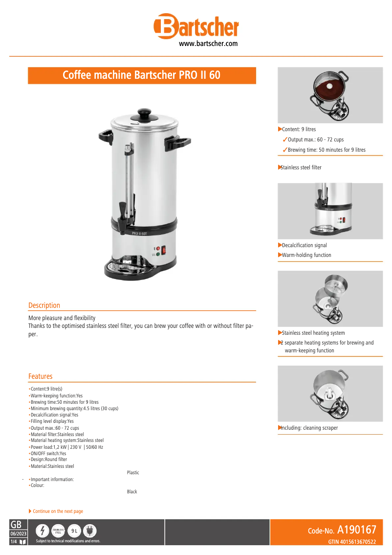 Página 1 del manual Ficha técnica Bartscher PRO II 60T