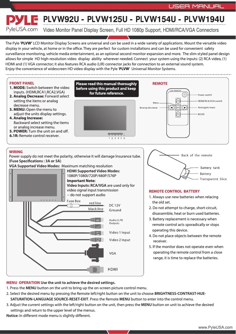 Página 1 del manual Manual de usuario Pyle PLVW92U