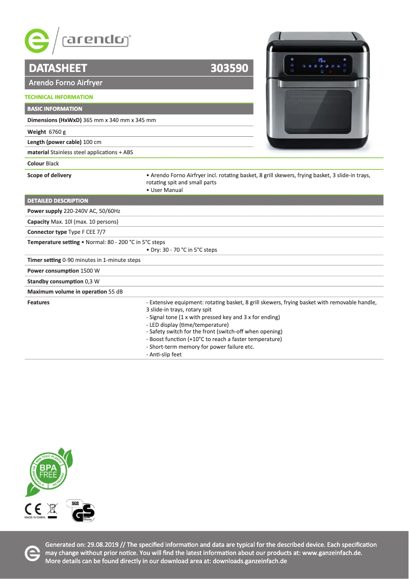 Página 1 del manual Ficha técnica Arendo Frytime 305400