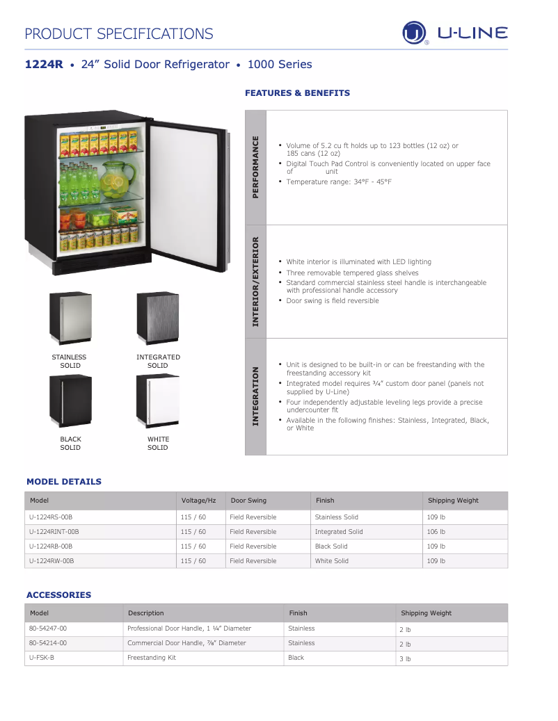 Página 1 del manual Ficha técnica U-Line U-1224RW-00B
