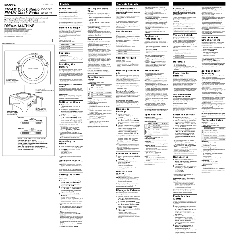Imagen de la primera página del manual del dispositivo ICF-C217L