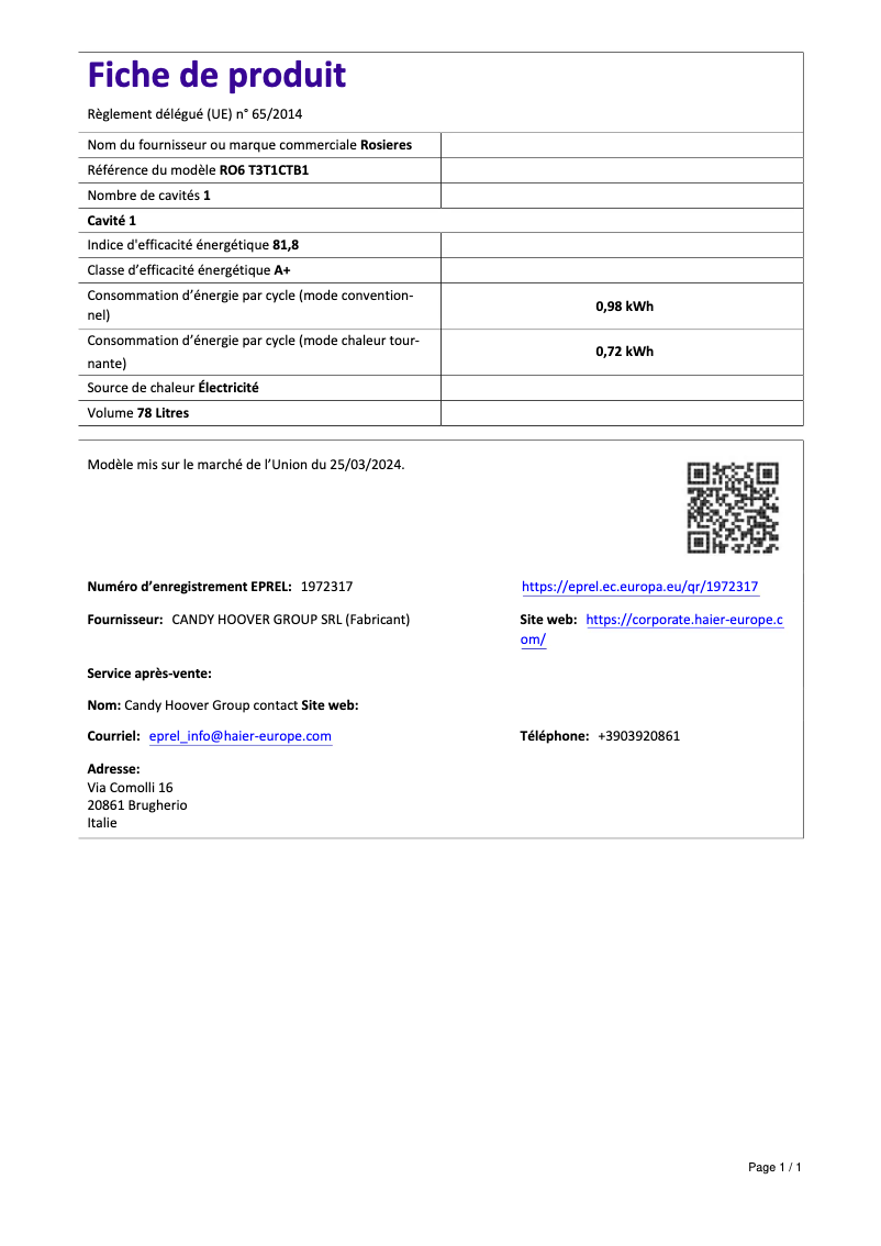 Página 1 del manual Ficha técnica Rosieres RO6 T3T1CTB1