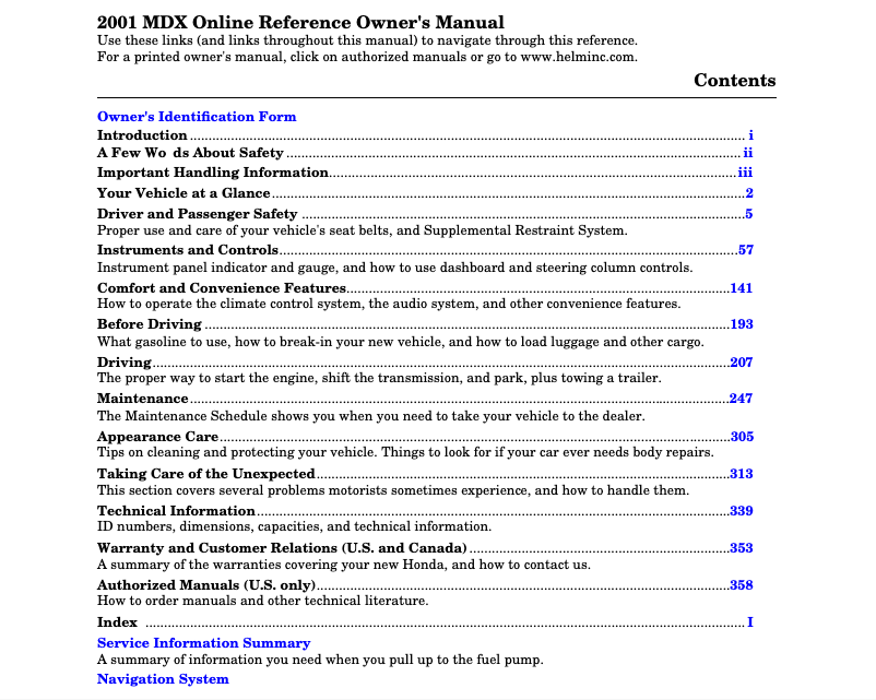 Página 1 del manual Manual de usuario Honda MDX (2001)