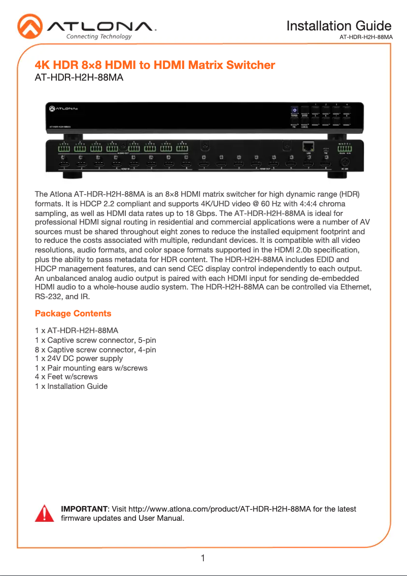 Imagen de la primera página del manual del dispositivo AT-HDR-H2H-88MA