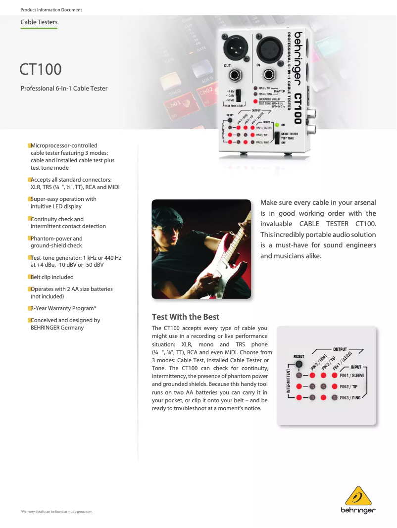 Página 1 del manual Ficha técnica Behringer CT100