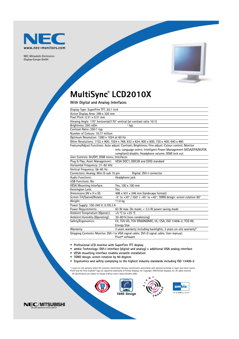 Imagen de la primera página del manual del dispositivo MultiSync LCD2010X