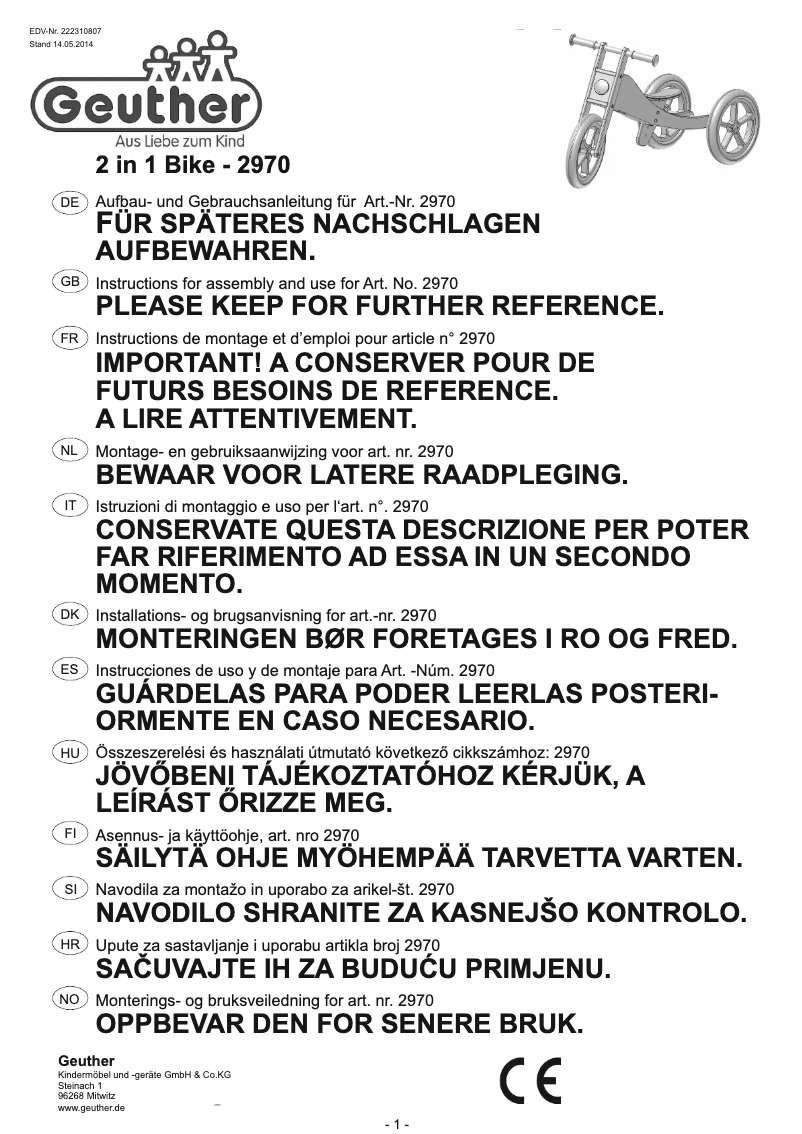 Imagen de la primera página del manual del dispositivo 2in1 Bike 2970