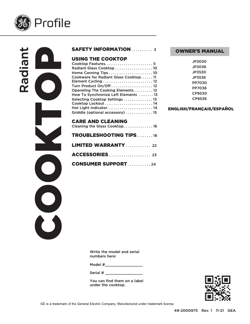 Página 1 del manual Manual de usuario GE JP3030DWBB