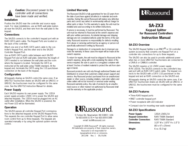 Página 1 del manual Manual de usuario Russound SA-ZX3