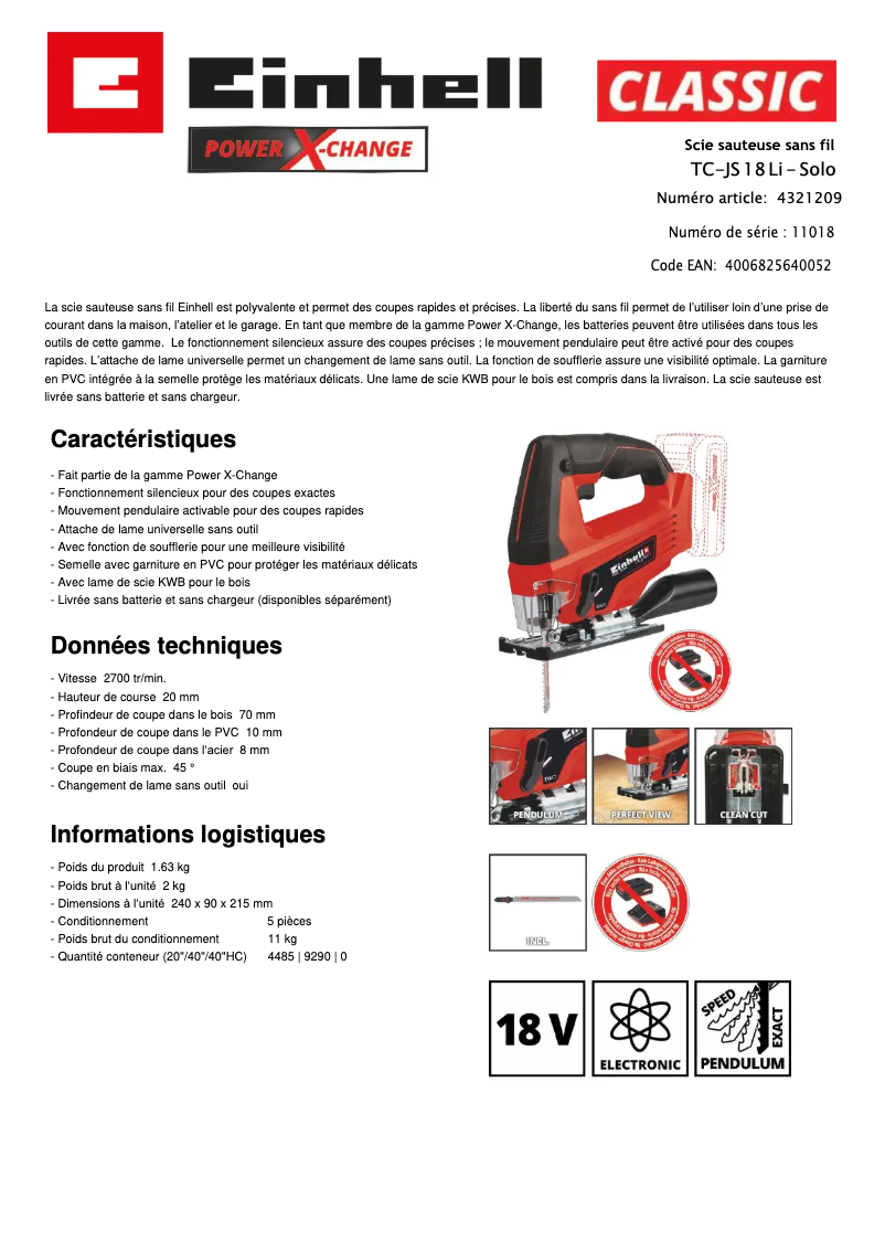 Página 1 del manual Ficha técnica Einhell TC-JS 18 Li