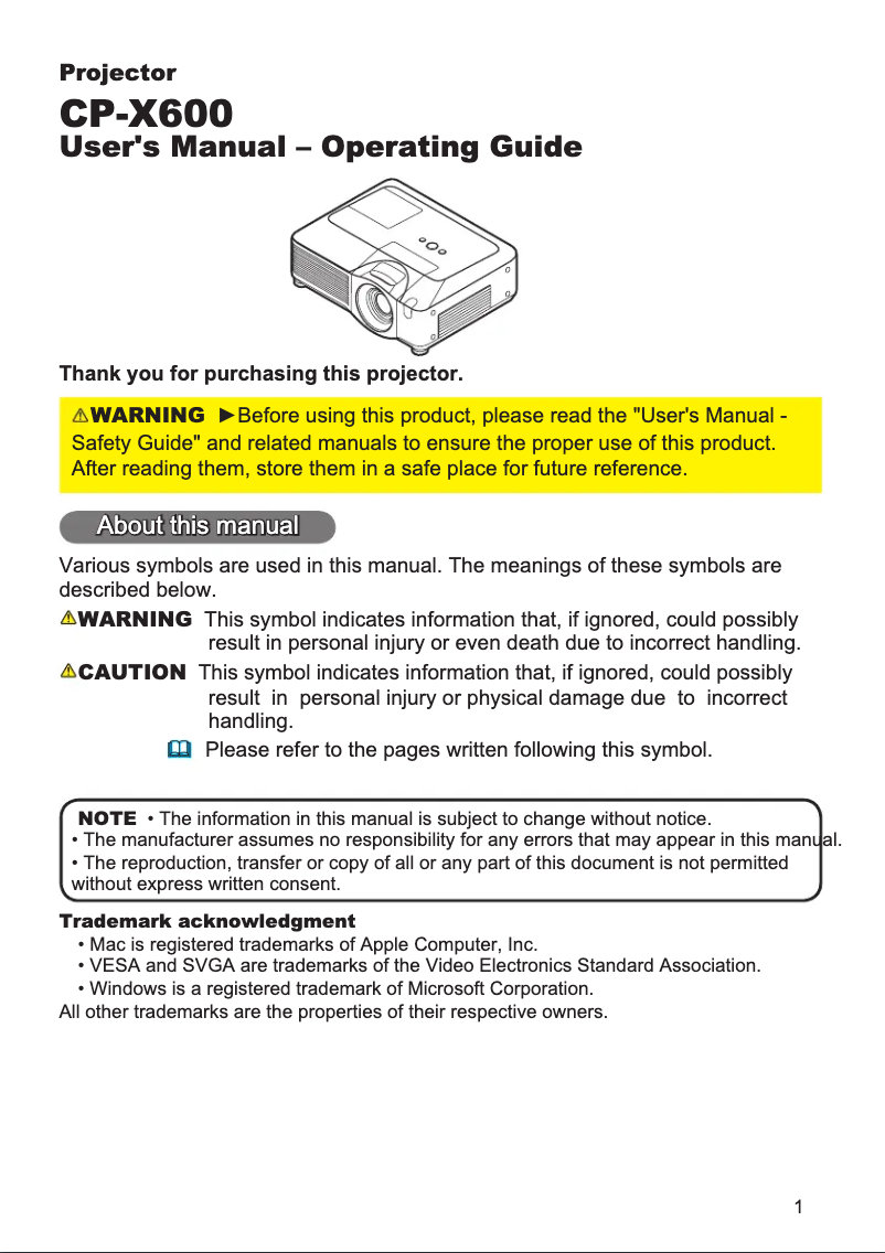 Página nº 1 - Manual de usuario Hitachi CP-X600