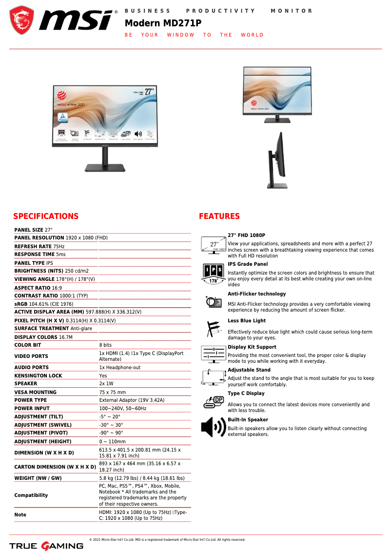 Página nº 1 - Ficha técnica MSI Modern MD271P