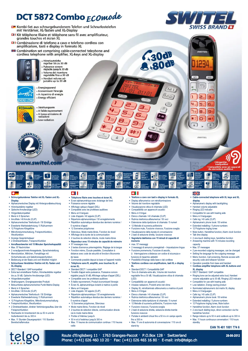 Página 1 del manual Ficha técnica Switel DCT5872