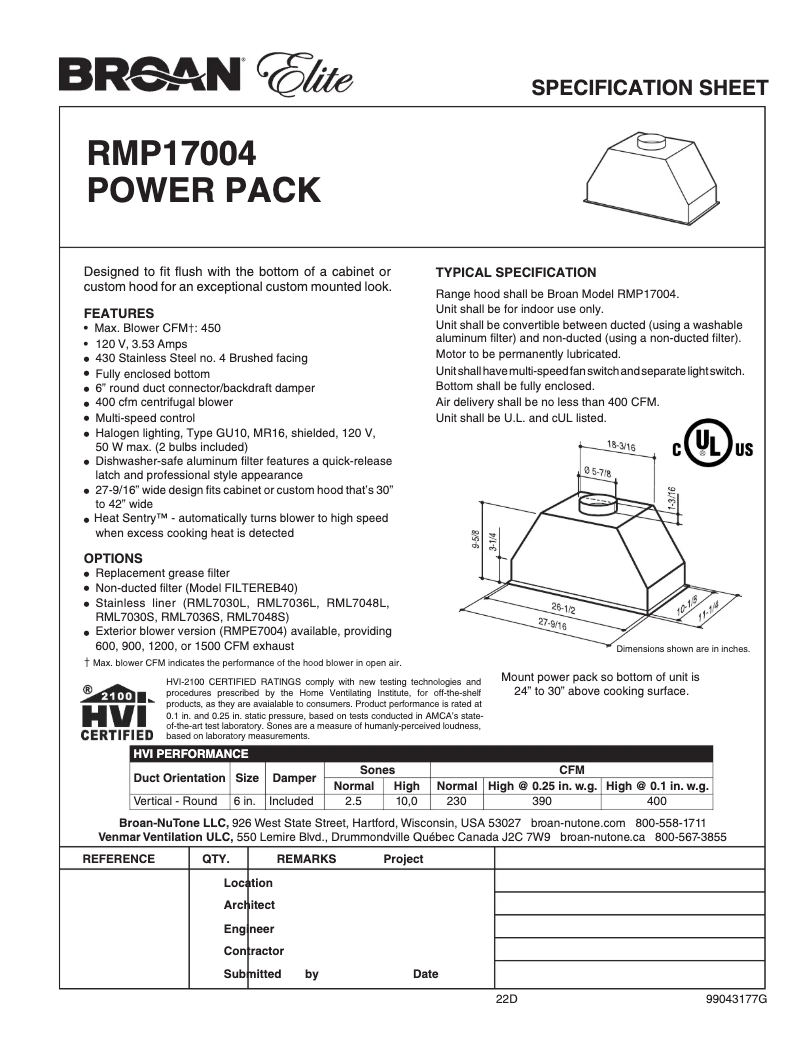 Página 1 del manual Ficha técnica Broan Elite RMP17004