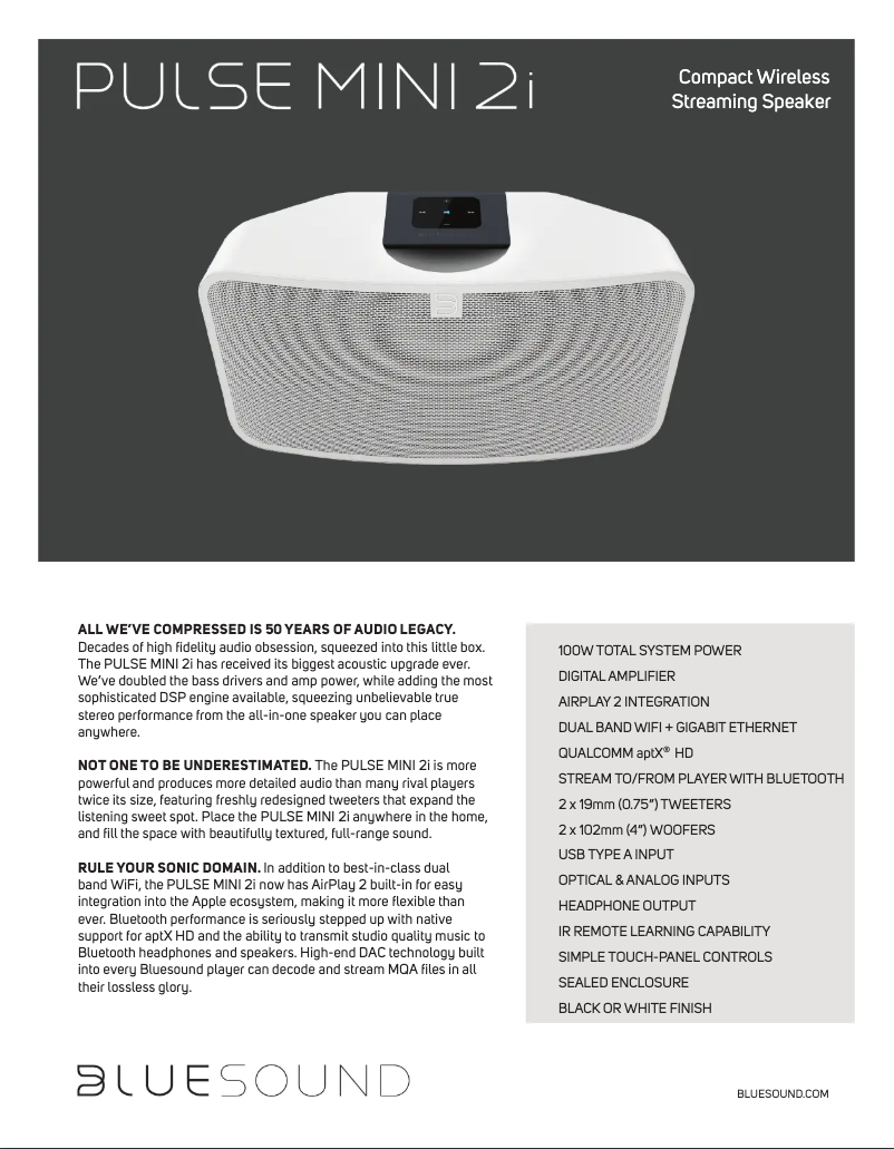 Página 1 del manual Ficha técnica Bluesound Pulse Mini 2i