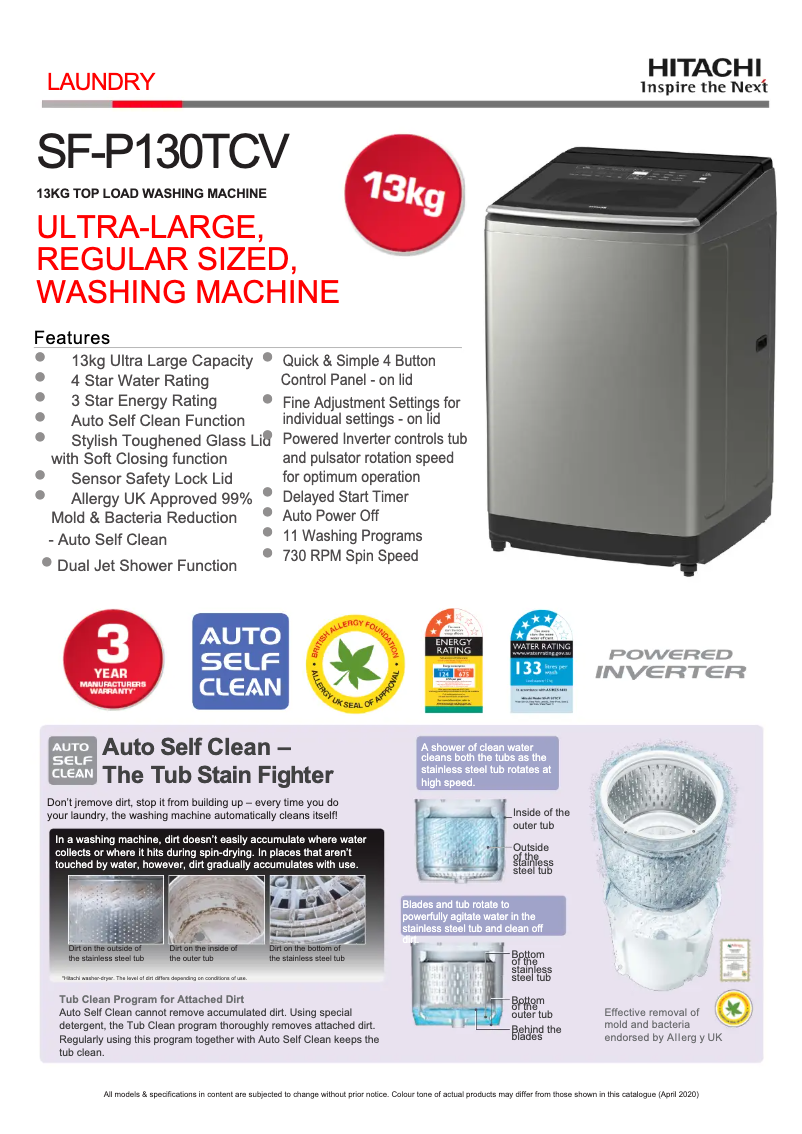 Página 1 del manual Ficha técnica Hitachi SF-P130TCV