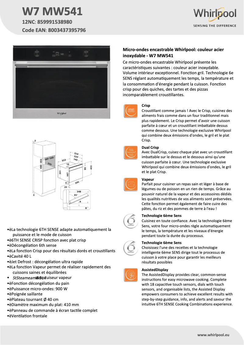 Página 1 del manual Ficha técnica Whirlpool W7 MW541