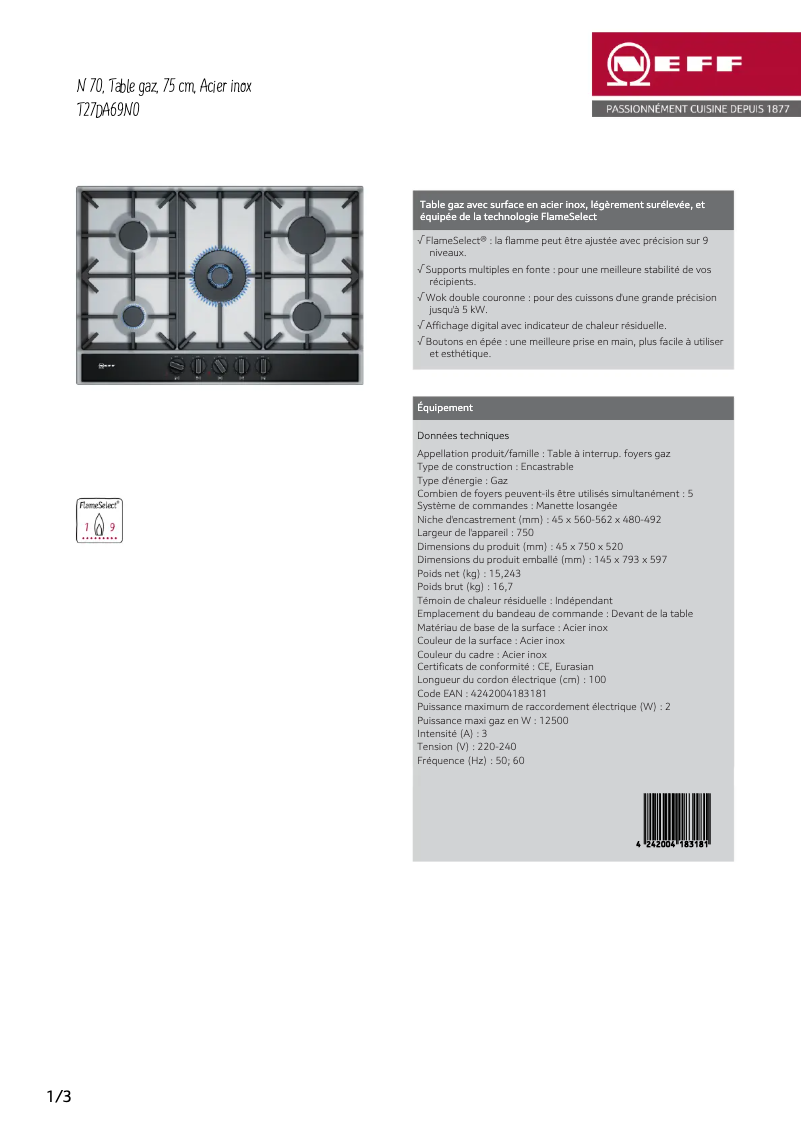 Página 1 del manual Ficha técnica Neff T27DA69N0