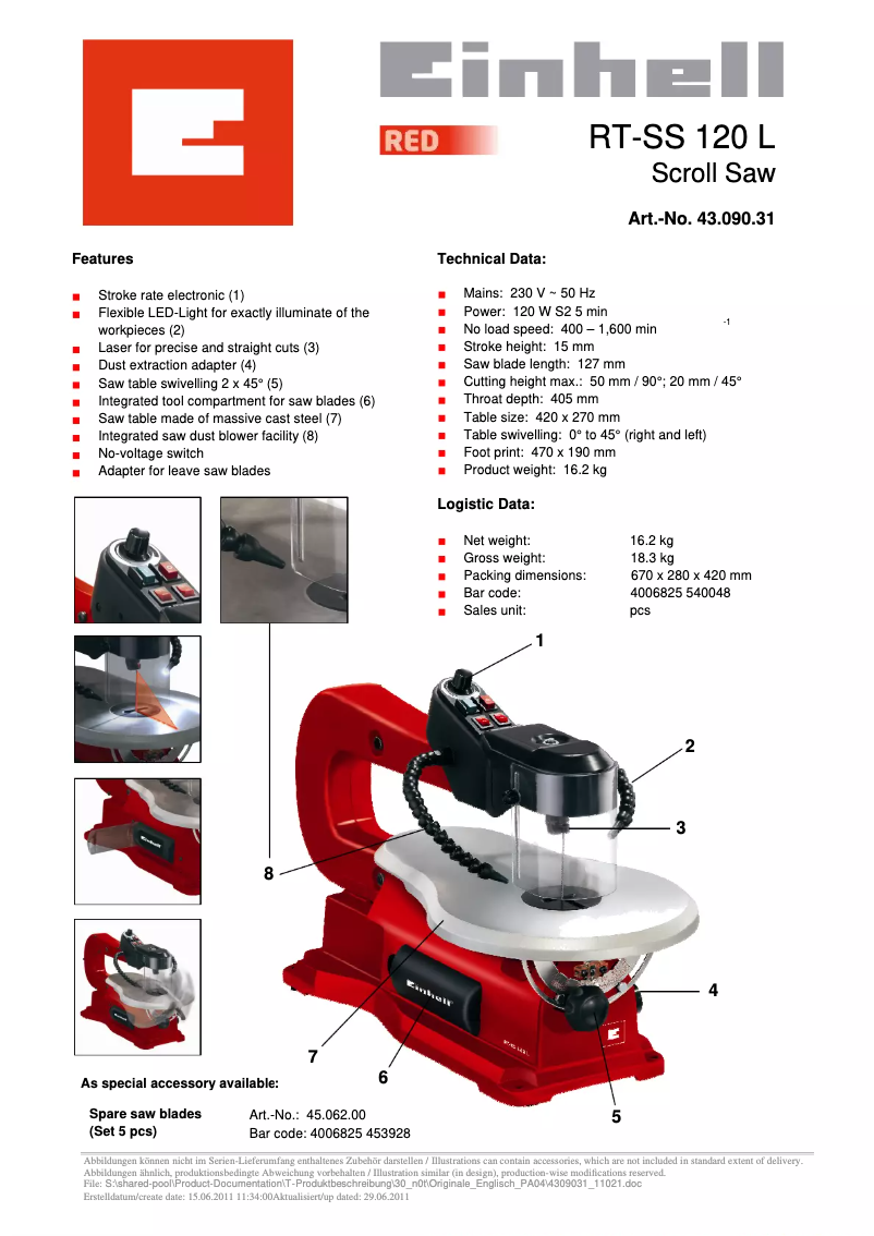 Página 1 del manual Ficha técnica Einhell RT-SS 120 L