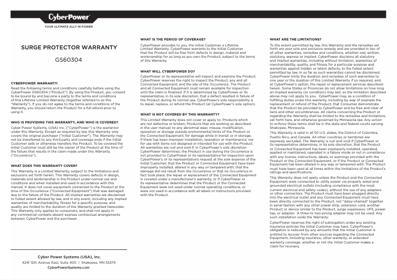 Página 1 del manual Información de garantía CyberPower GS60304