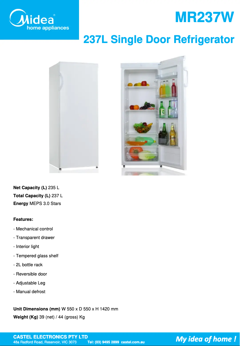 Página 1 del manual Ficha técnica Midea MR237W