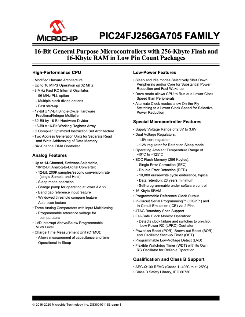 Página nº 1 - Ficha técnica Microchip PIC24FJ64GA702