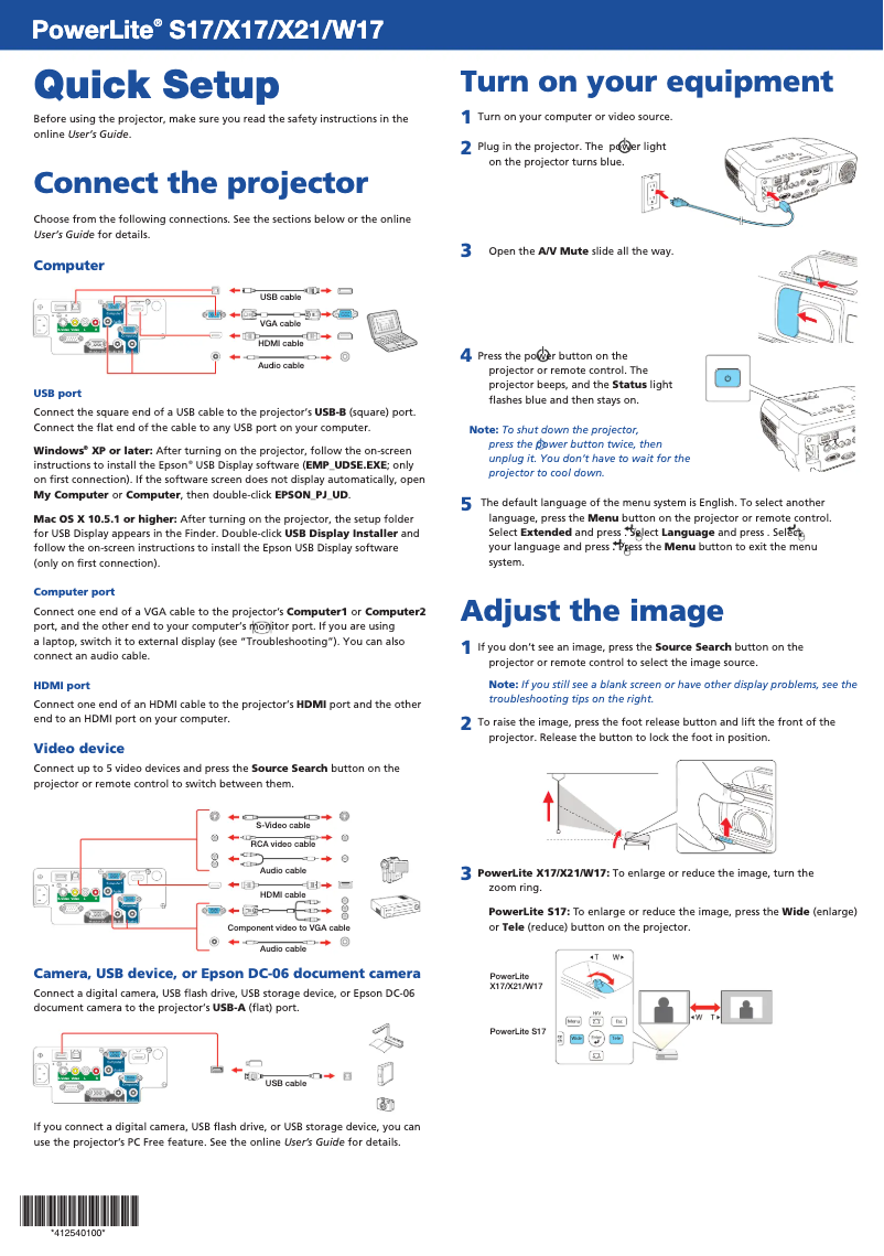 Imagen de la primera página del manual del dispositivo PowerLite W17