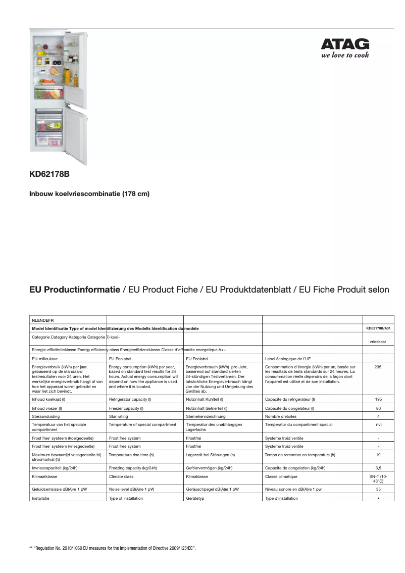 Página 1 del manual Ficha técnica Atag KD62178B