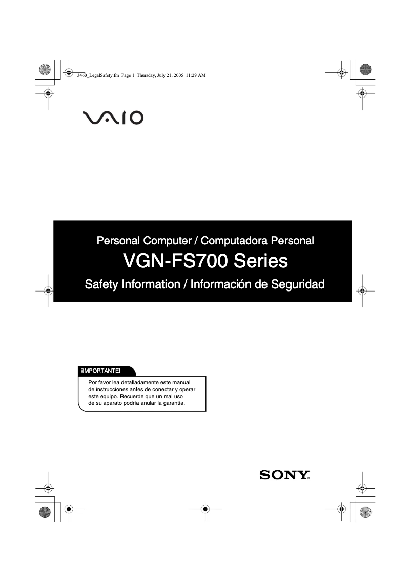 Página nº 1 - Instrucciones de seguridad Sony Vaio VGN-FS760