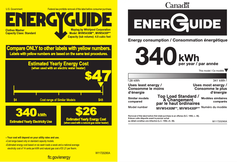 Página 1 del manual Etiqueta energética Maytag MVW5430PBK