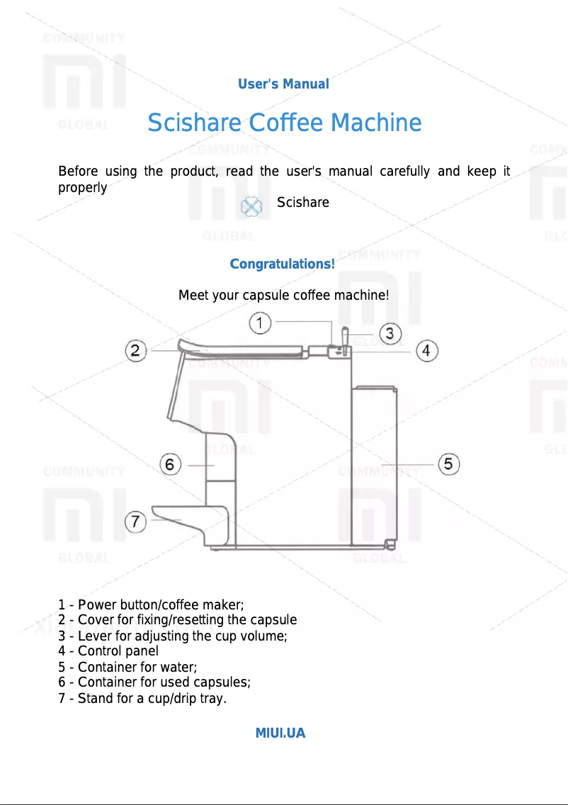 Imagen de la primera página del manual del dispositivo Scishare Capsule Coffee Machine
