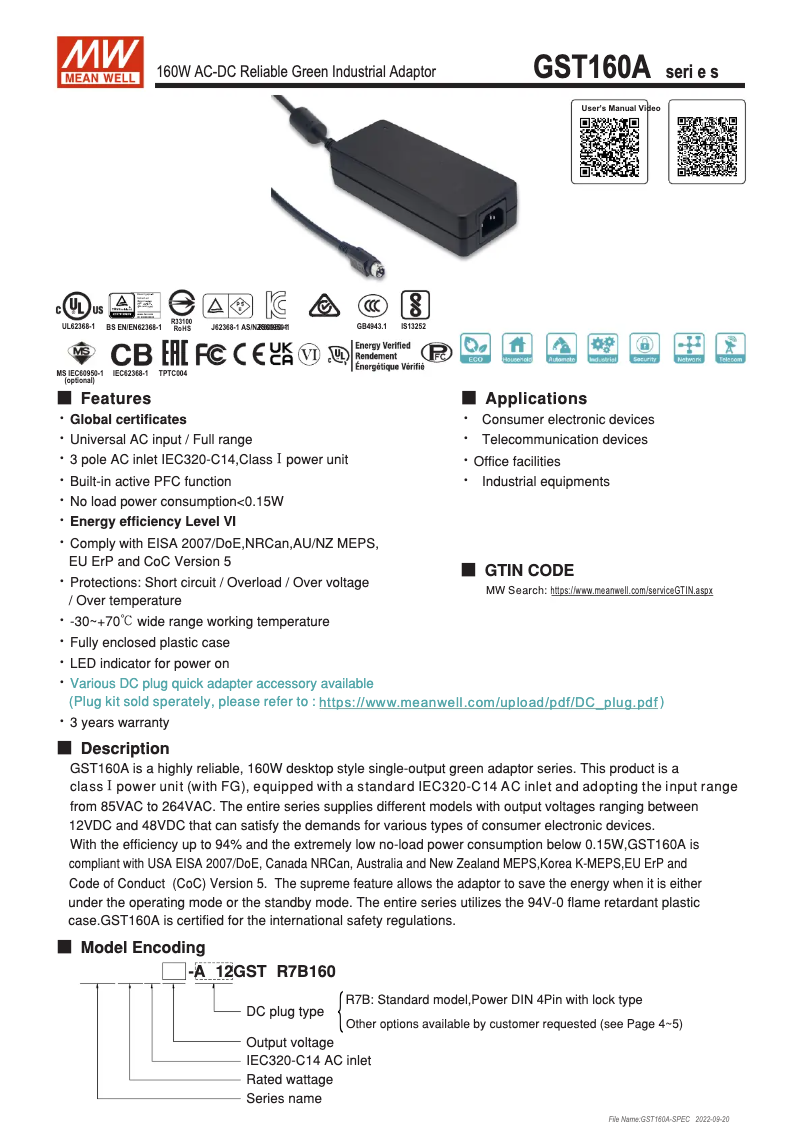 Página 1 del manual Manual de instrucciones Mean Well GST160A36-R7B
