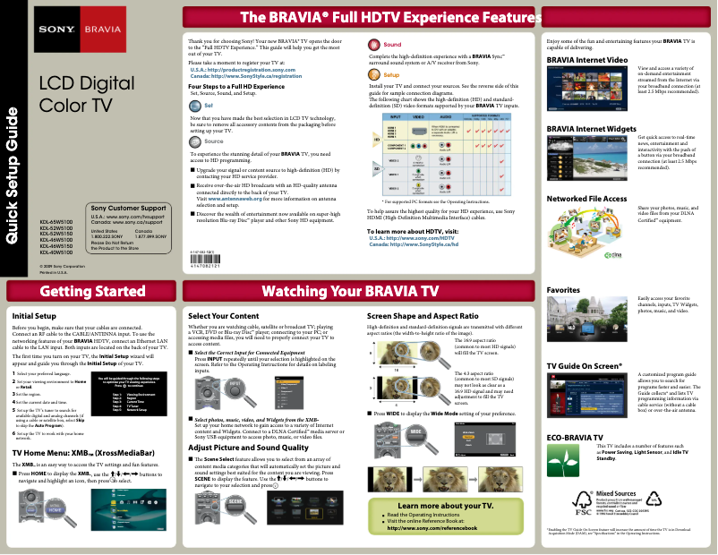Imagen de la primera página del manual del dispositivo Bravia KDL-40W5100