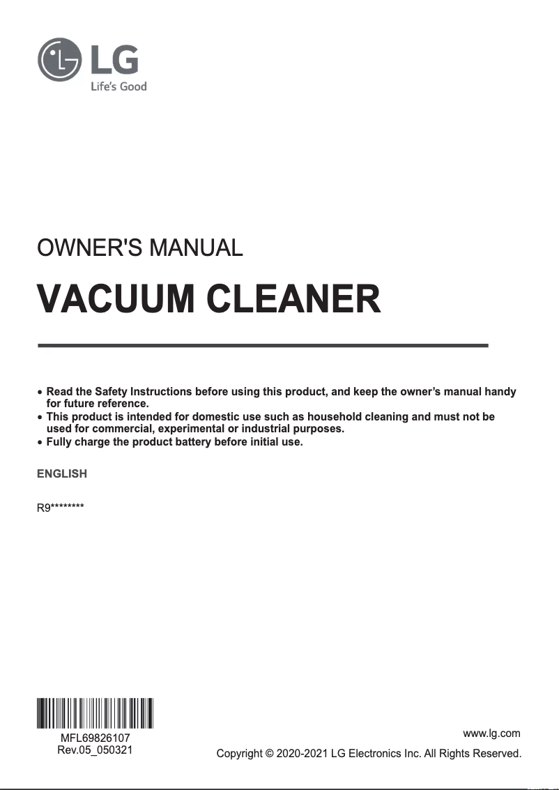 Imagen de la primera página del manual del dispositivo CordZero ThinQ R975GM1