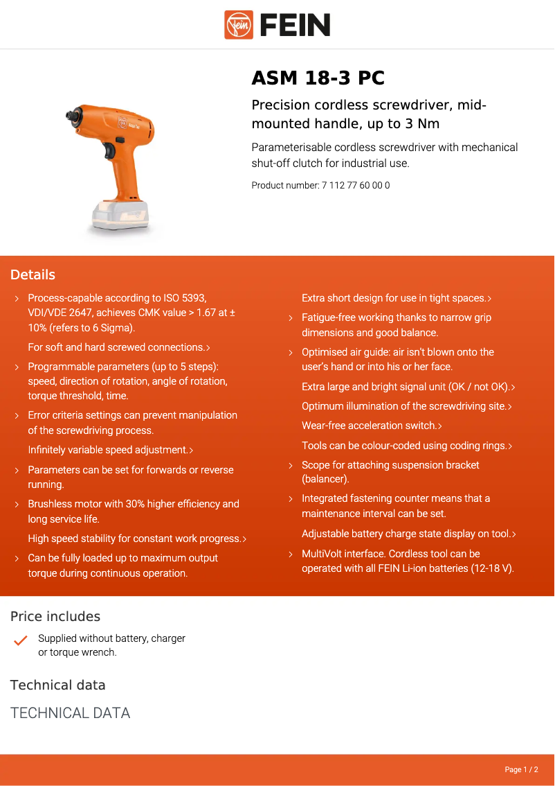 Página nº 1 - Ficha técnica Fein ASM 18-3 PC