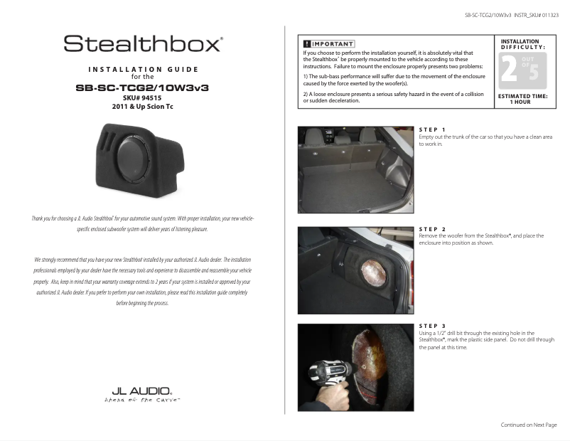 Página 1 del manual Manual de usuario JL Audio Stealthbox SB-SC-TCG2/10W3v3