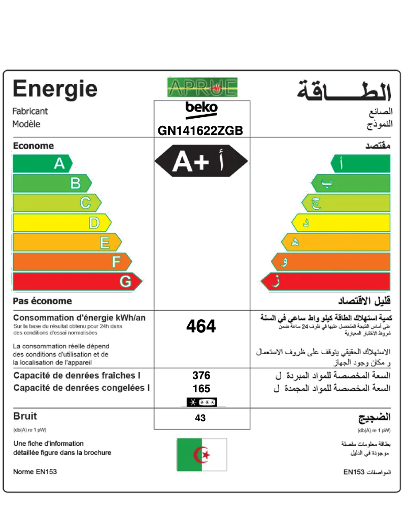 Página 1 del manual Etiqueta energética Beko GN141622ZGB