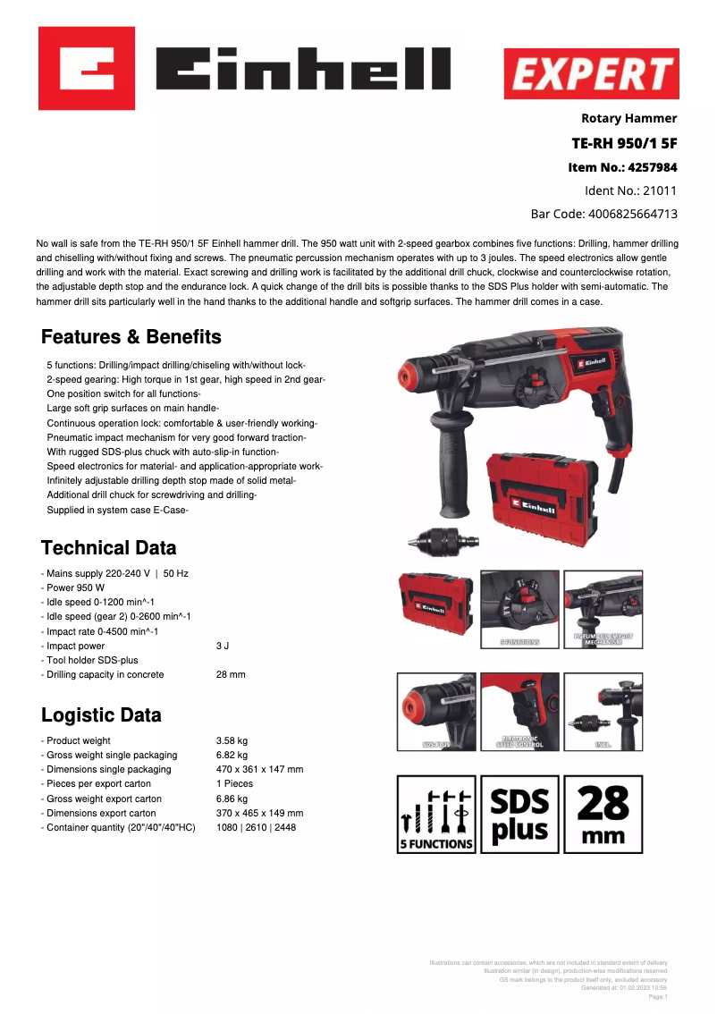 Página 1 del manual Ficha técnica Einhell TE-RH 950/1 5F